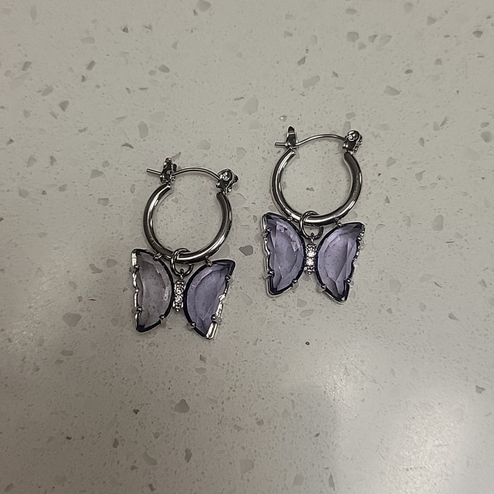Silver Toned Hoop Earrings with Purple Butterfly